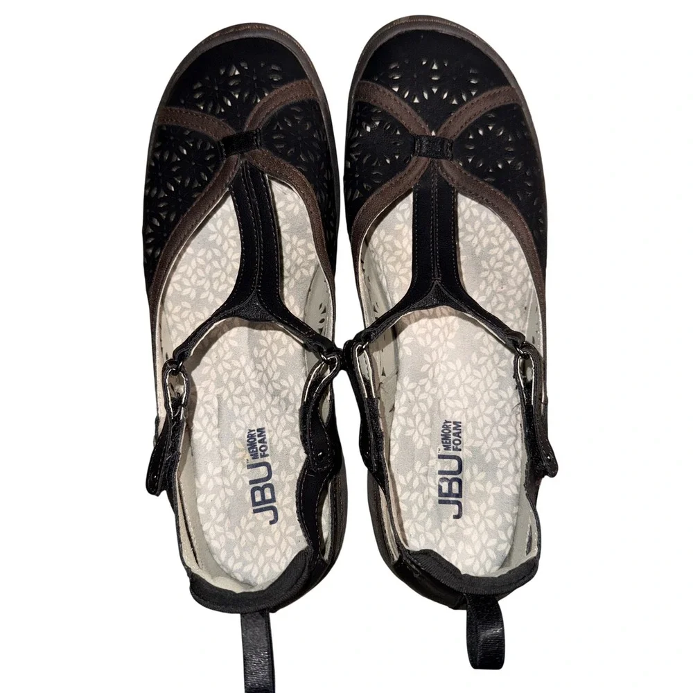 JBU Daffodil Mary Jane Flats 9M Black Brown Laser Cut T-Strap Memory Foam Shoes